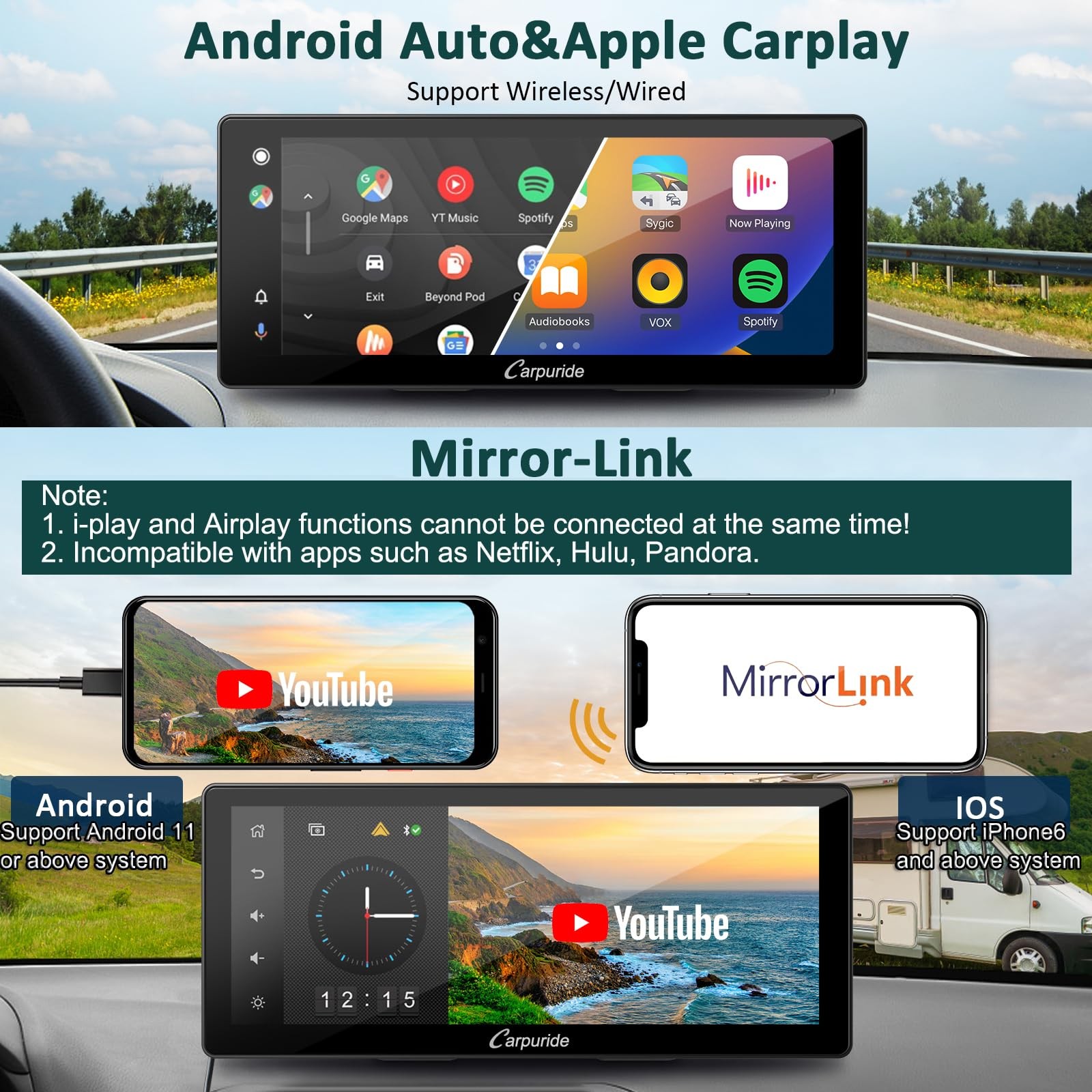 Carpuride W103 Pro 10.3″ CarPlay Android Auto Touch Screen Stereo w/Camera