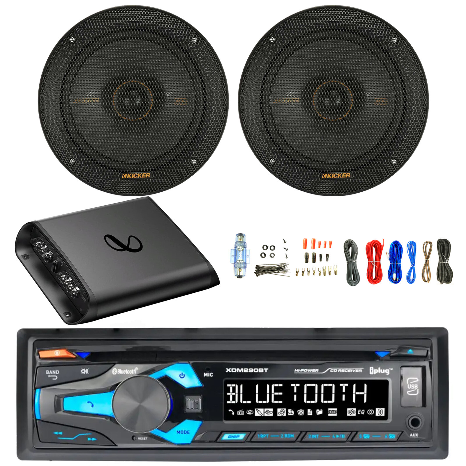 In-Dash AUX USB Bluetooth AM/FM CD Receiver, 2x 6.5″ 200W Speakers, Amp w/Kit