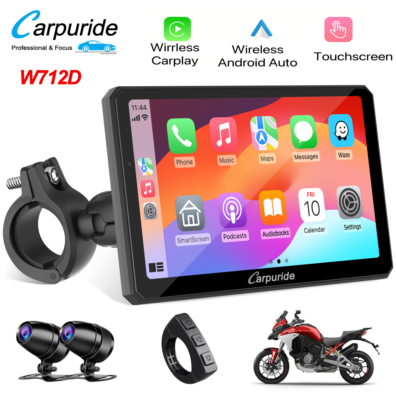 Carpuride W712D Wireless Moto Stereo Carplay Android Auto Waterproof Touchscreen