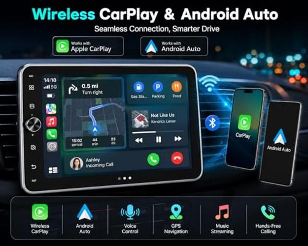 10.1 Inch Single DIN Car Stereo with Wireless CarPlay, Bluetooth 5.2, 720×1280