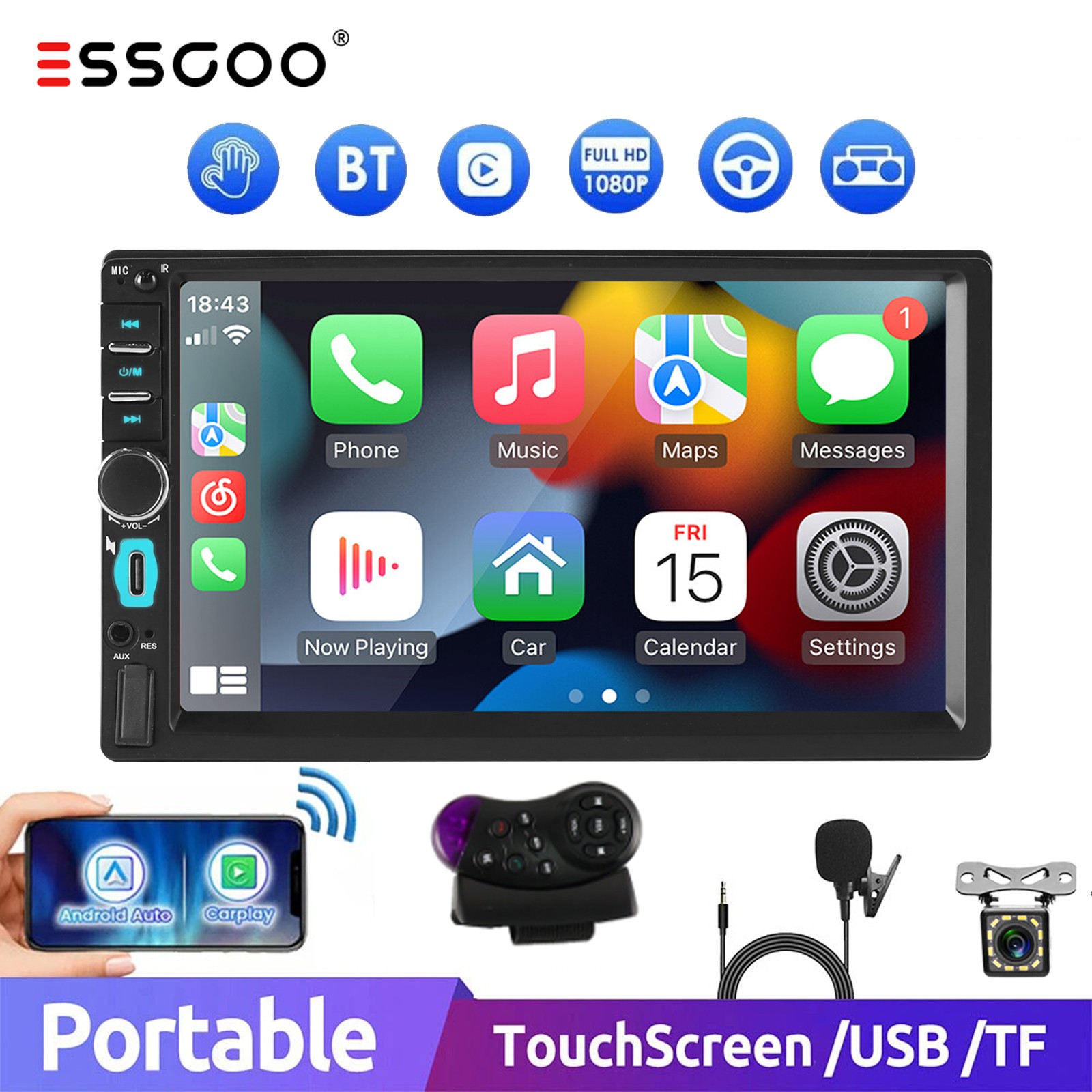 7″ Double 2 Din Car Stereo Radio Apple Carplay& Android Auto USB FM with Camera