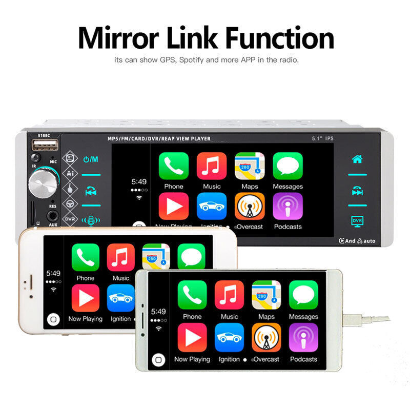 Single 1 Din 5.1″ Car Stereo Radio Touch Screen Apple Carplay Bluetooth 3USB/AUX