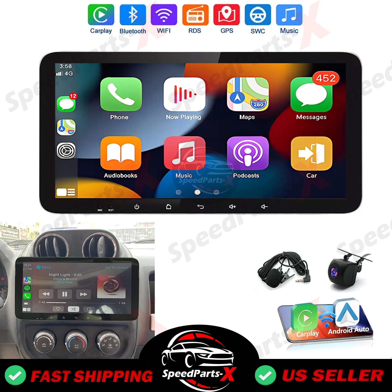 For Jeep Universal Android 15 Head Unit 2+64GB 10.33inch Screen Car Player Black