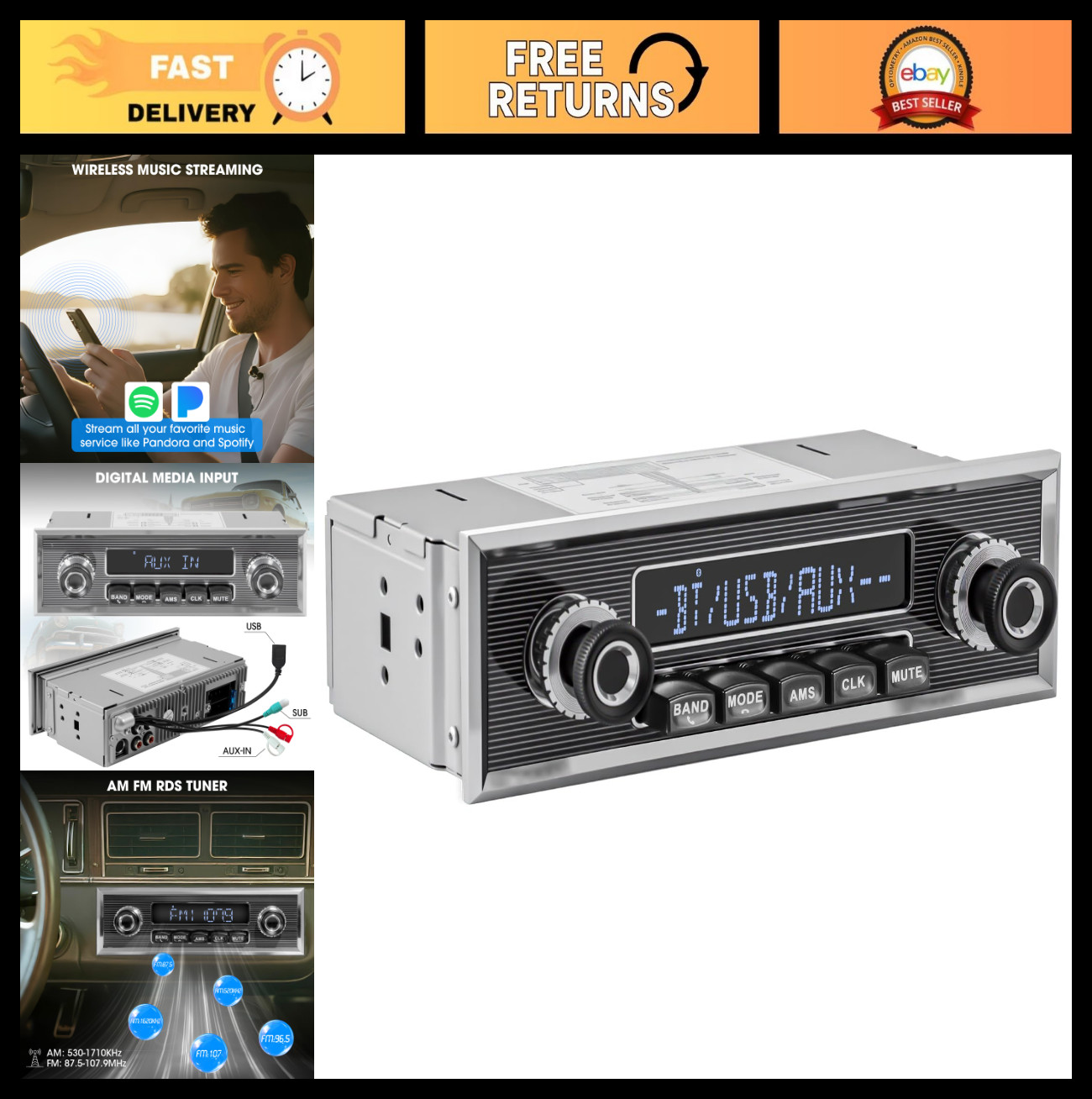 Classic Car Stereo Receiver – Vintage Retro Single Din Radio, Bluetooth, AM/FM,