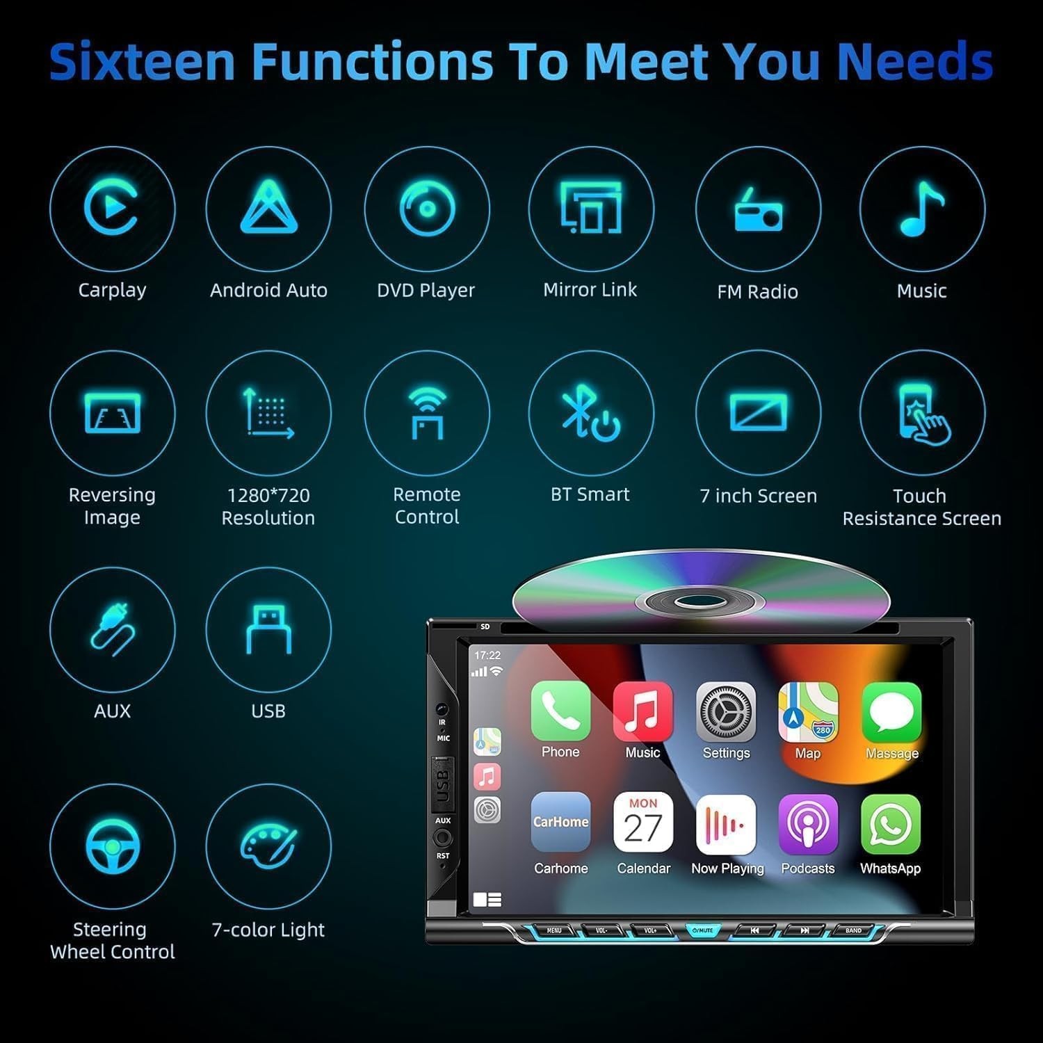 Double Din car Stereo with CD/DVD Player- CarPlay & Android Auto, Car Audio w…