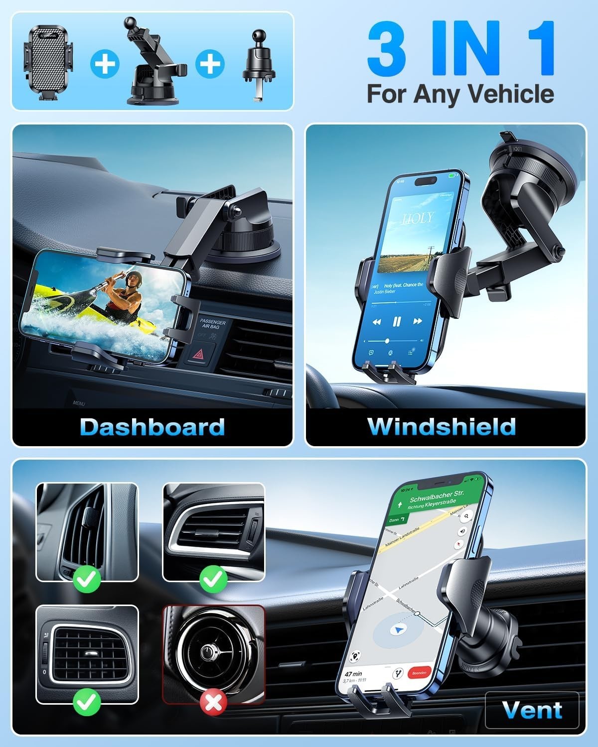Car Phone Holder Military Grade Suction and Clip Adjustable Mount for Dashboard