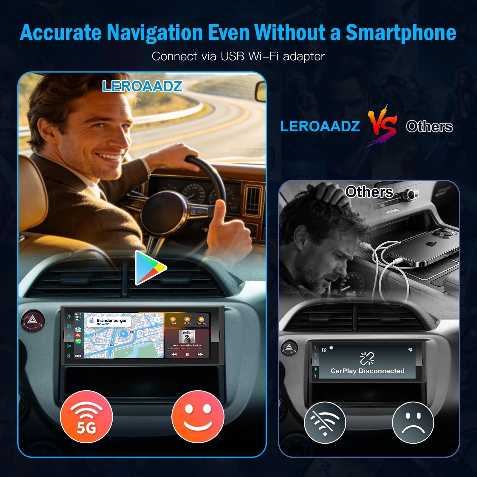 Single DIN Car Radio 6.9″ Wireless Apple CarPlay Android Auto Bluetooth 5.2