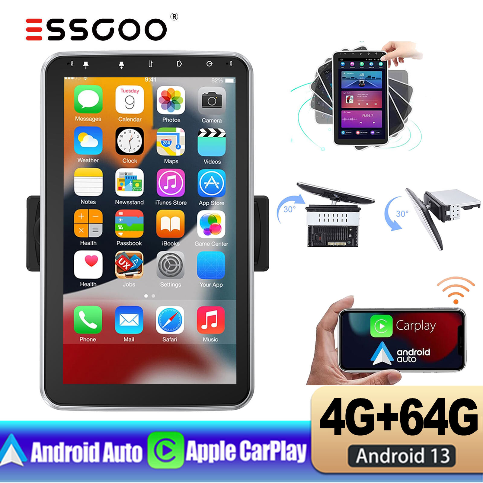4G+64G Carplay Rotatable Screen Car Stereo Single 1 DIN Android 13 GPS NAV USB
