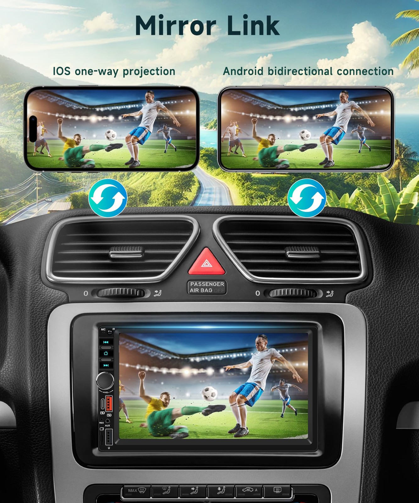7 Inch Double Din Car Stereo, Touch Screen Bluetooth Radio Support Black