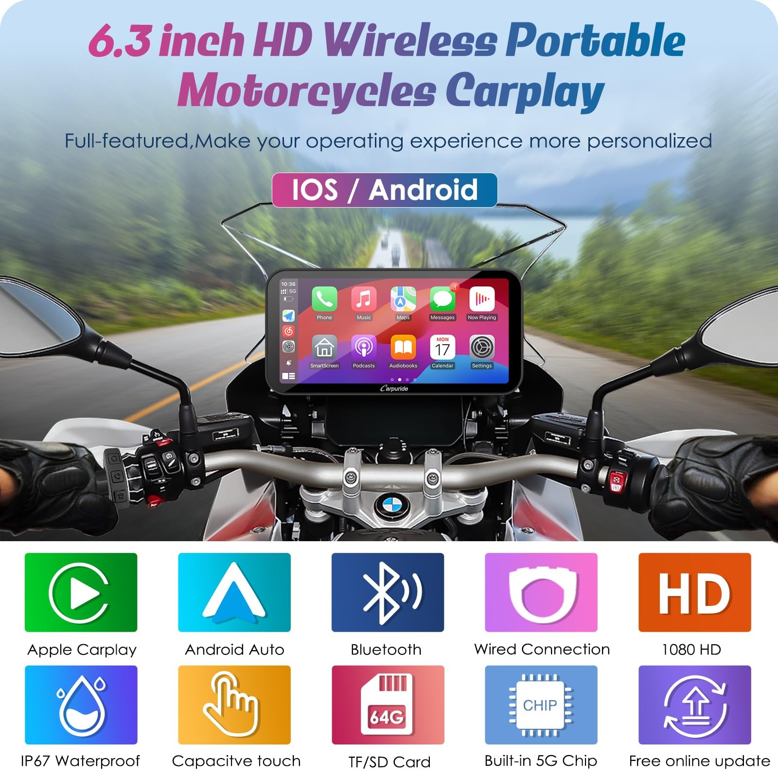 Carpuride W603B Motorcycle Carplay Screen for BMW R1200GS R1250GS S1000XR Mot…