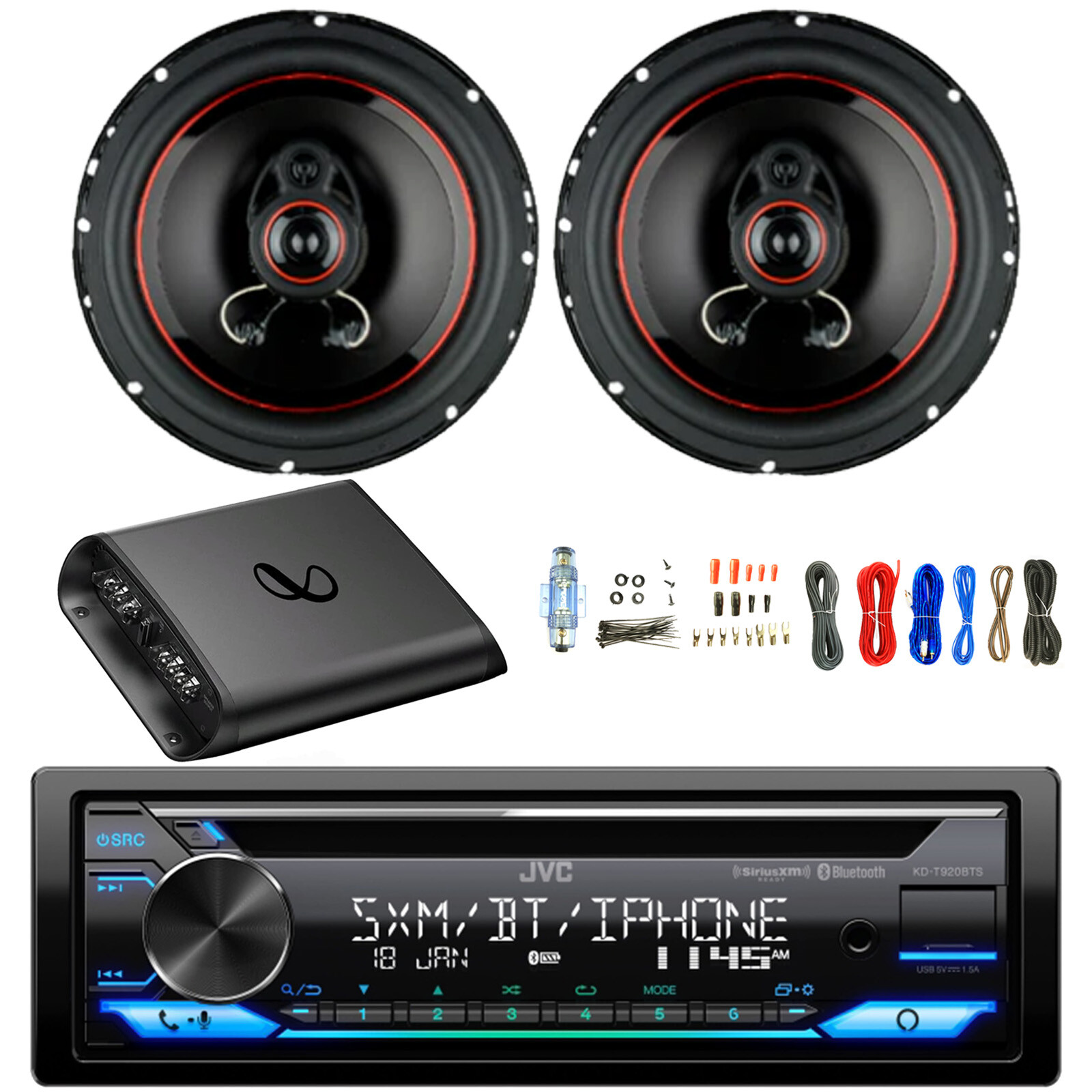 JVC Single DIN AM/FM Bluetooth CD Receiver, 2x 6.5″ 330W Speakers, Amp w/Kit