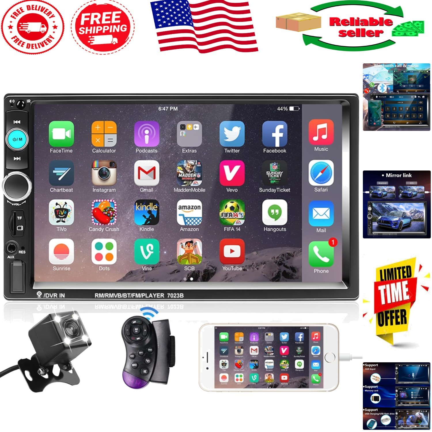 HD Touchscreen Double Din Radio with Bluetooth and Steering Wheel Control