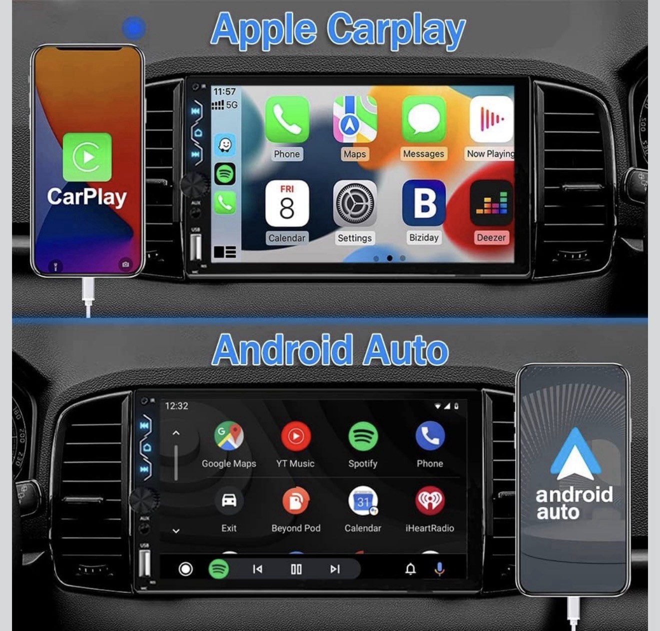 Leadfan Double Din Car Stereo Apple Carplay & Android Auto,7 Inch Touchscreen