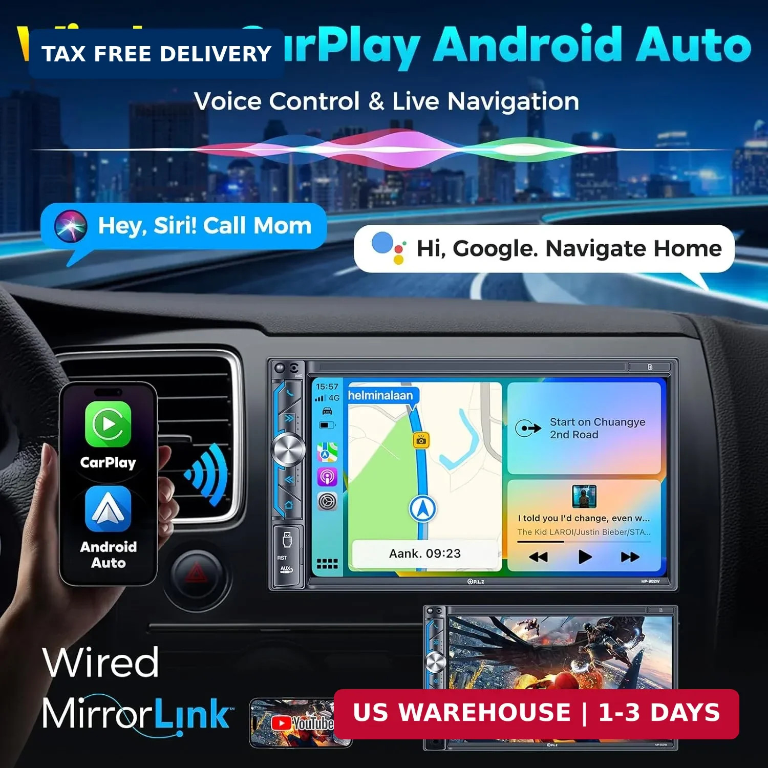 PLZ 7″ Wireless Double Din Car Stereo Apple Carplay Radio Screen for Car Audio R