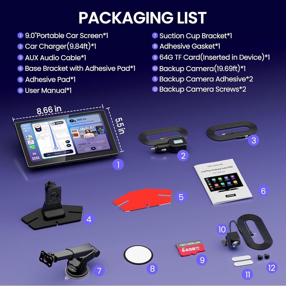 TECXERLLON 9″ Wireless Portable Carplay Screen & Android Auto Touch Screen Black