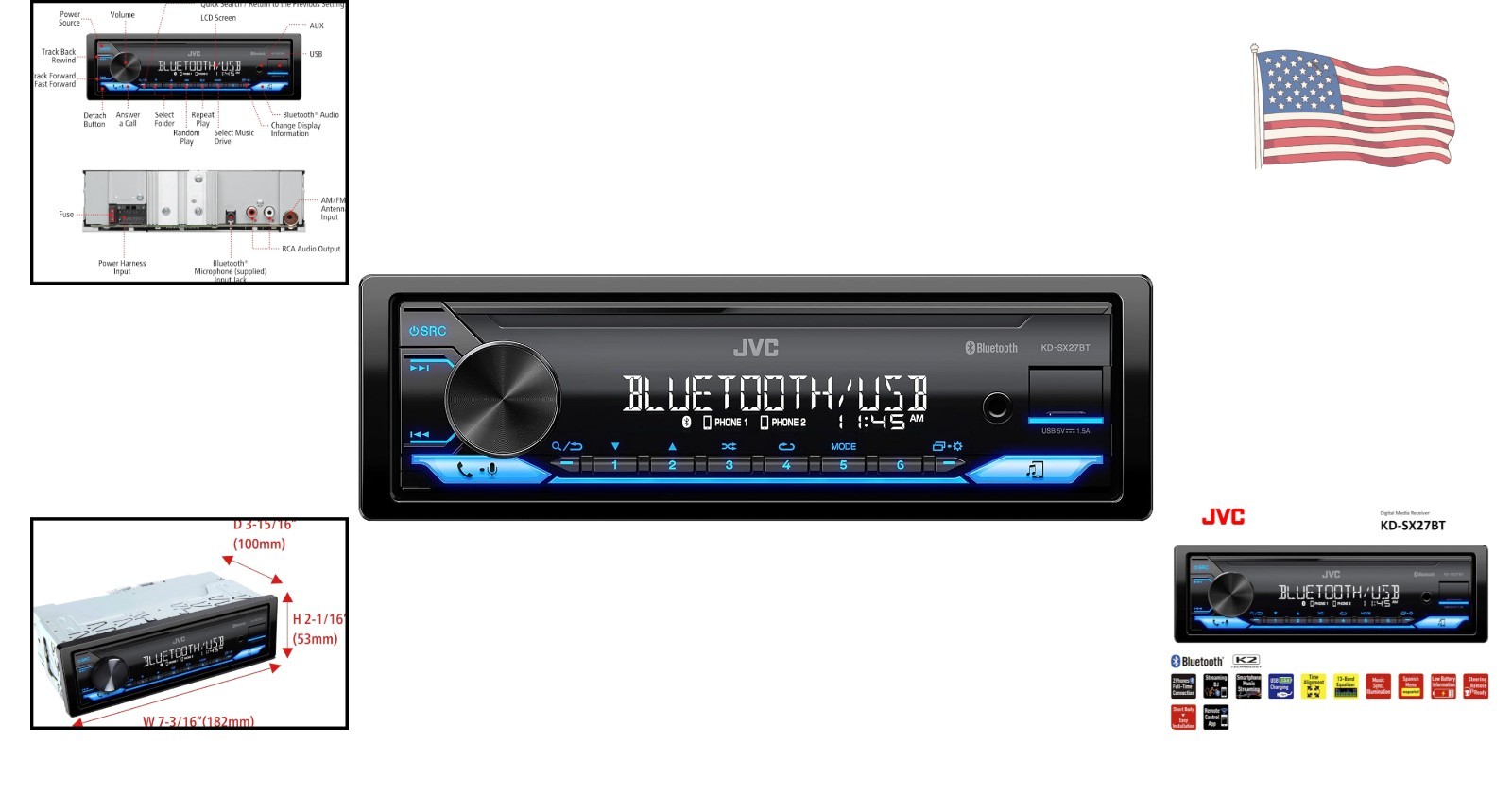 Exceptional KD-SX27BT Bluetooth Car Stereo with Fast USB Charging & 13-Band EQ