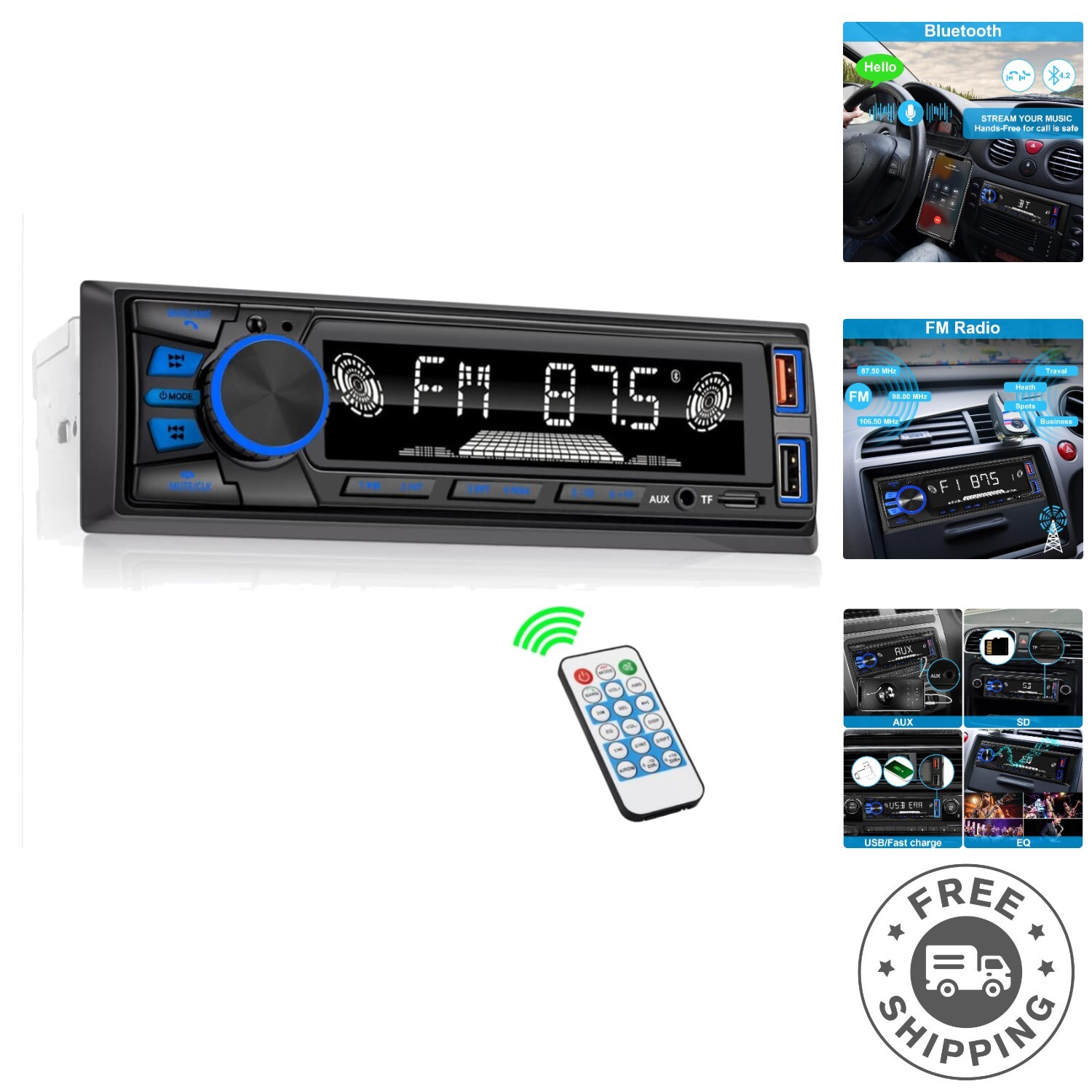 Compact Bluetooth Car Radio with FM, USB Fast Charge & Wireless Remote Control