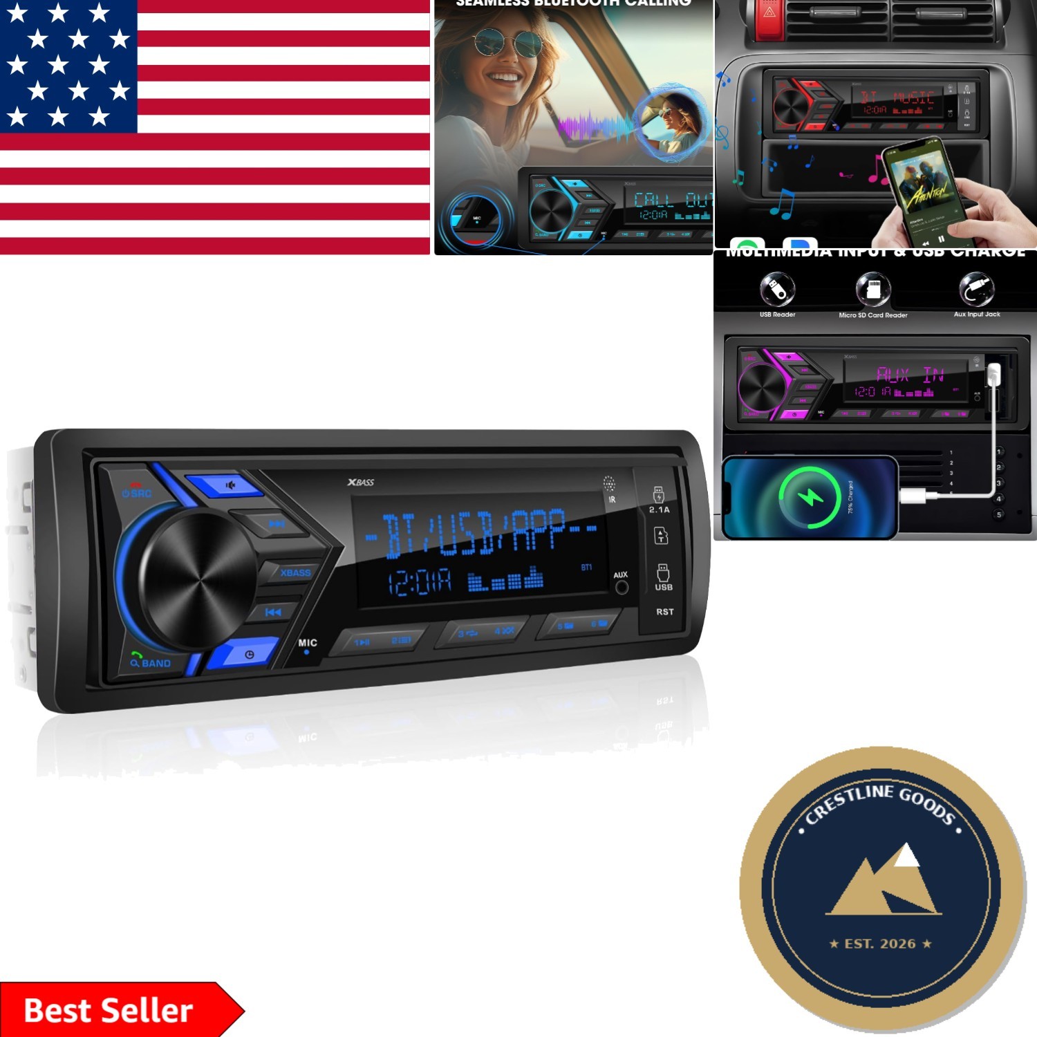 Bluetooth-Enabled Single Din Radio with Color Display & Fast USB Charging