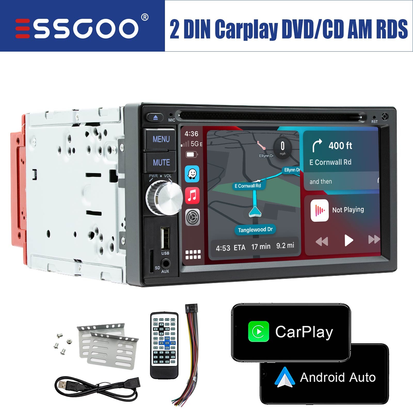 6.2″ 2 DIN Car Stereo Radio CD DVD Head Unit Carplay Android Auto FM AM RDS USB