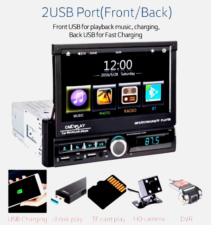 7″ Single 1 DIN Car Stereo Flip Out Touch Screen Radio Bluetooth MP5 Player USB