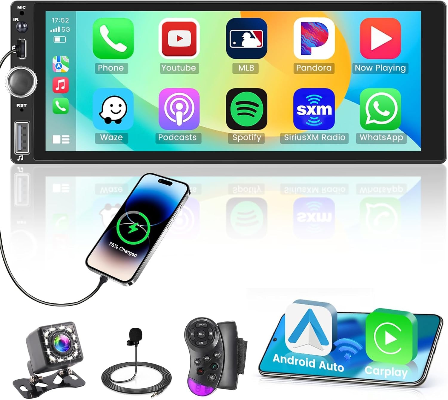 6.86″ Single Din Car Stereo Radio Apple CarPlay BT USB/Type-C FM +MIC & Camera