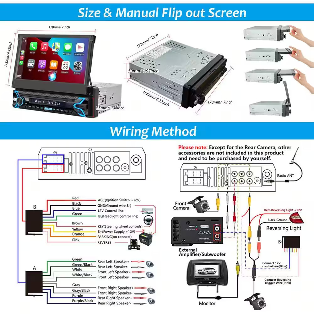 Single Din Car Stereo 7 In. Flip Out Touchscreen Radio Compatible with Apple Car
