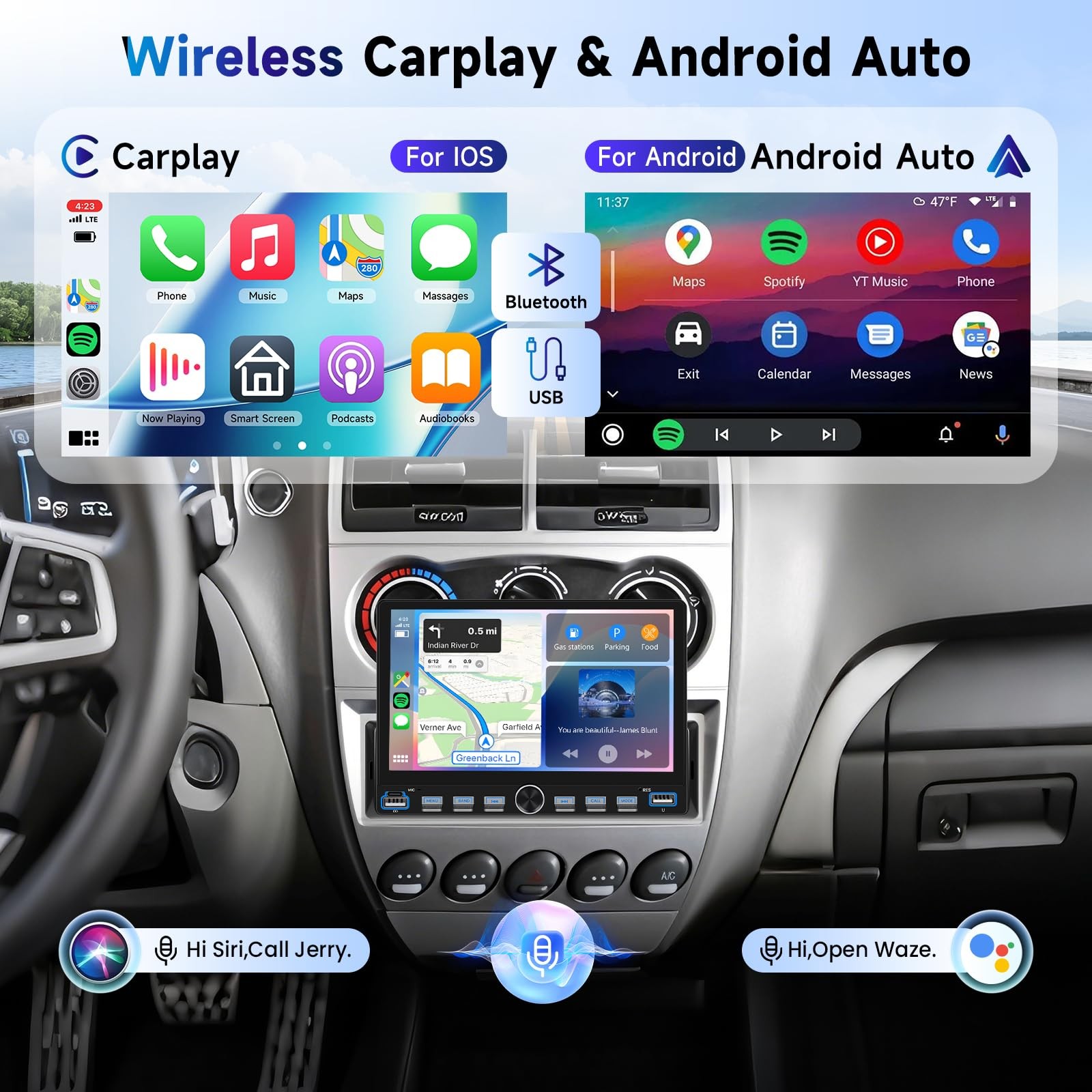 Upgrade Single Din Car Stereo, Wireless Carplay, Android Auto, Bluetooth 5.0,…