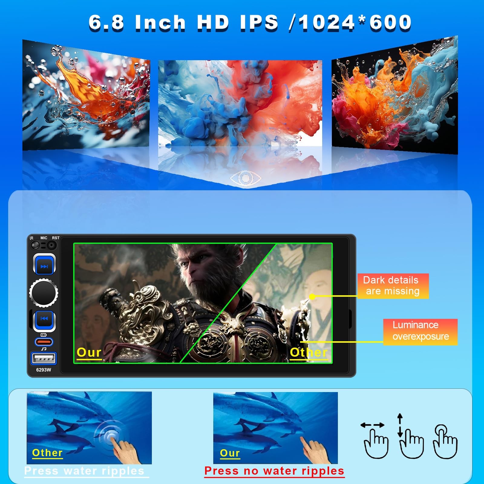 Single DIN Car Stereo Radio with Wireless 7.01″ (W) × 2.91″ (D) × 1.97″ (H)