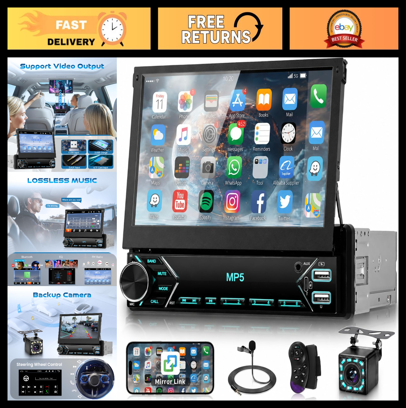7″ Flip Out Car Stereo Bluetooth 1 Din Touch Screen Radio MP5 USB AUX Backup Cam