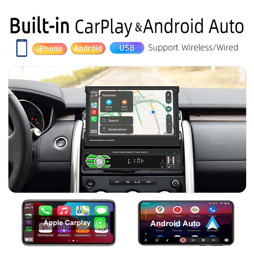 Single 1Din 7″ Car Radio For Wireless Apple/Android Carplay Bluetooth MP5 Player