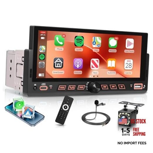 Single Din Car Stereo Wirelsss Carplay Android Auto, 1 Din Head Unit 6.86 Inch