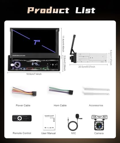 Wireless CarPlay Single Din Car Stereo,5.1 Bluetooth Car Radio AM/FM/RDS,7