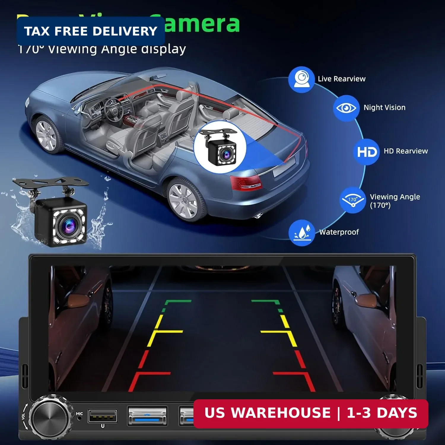 6.86″ Wireless Carplay Android Auto Single Din Touchscreen Stereo Backup Camera