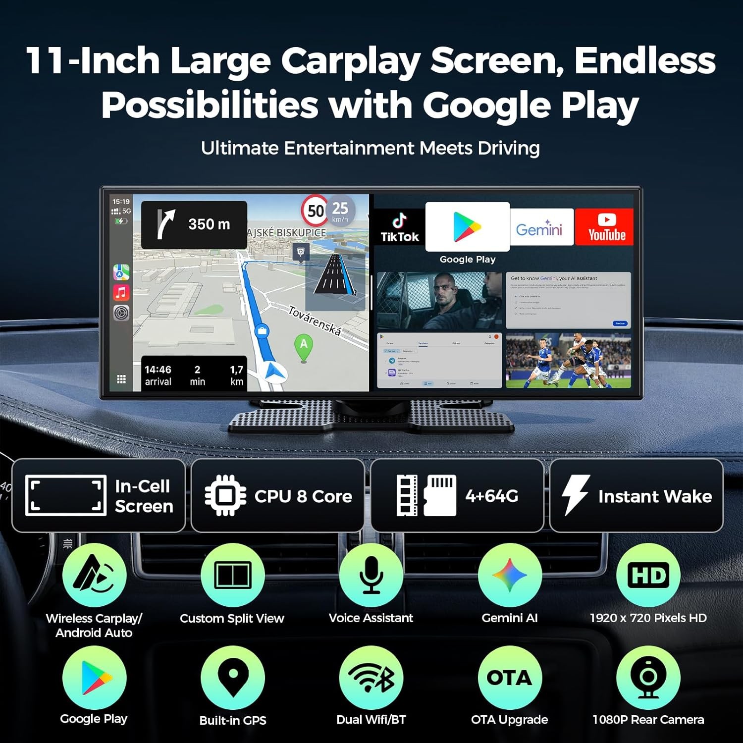 LAMTTO 11″ Carplay Screen Wireless AI Video BOX with Gemini AI & Rear camera