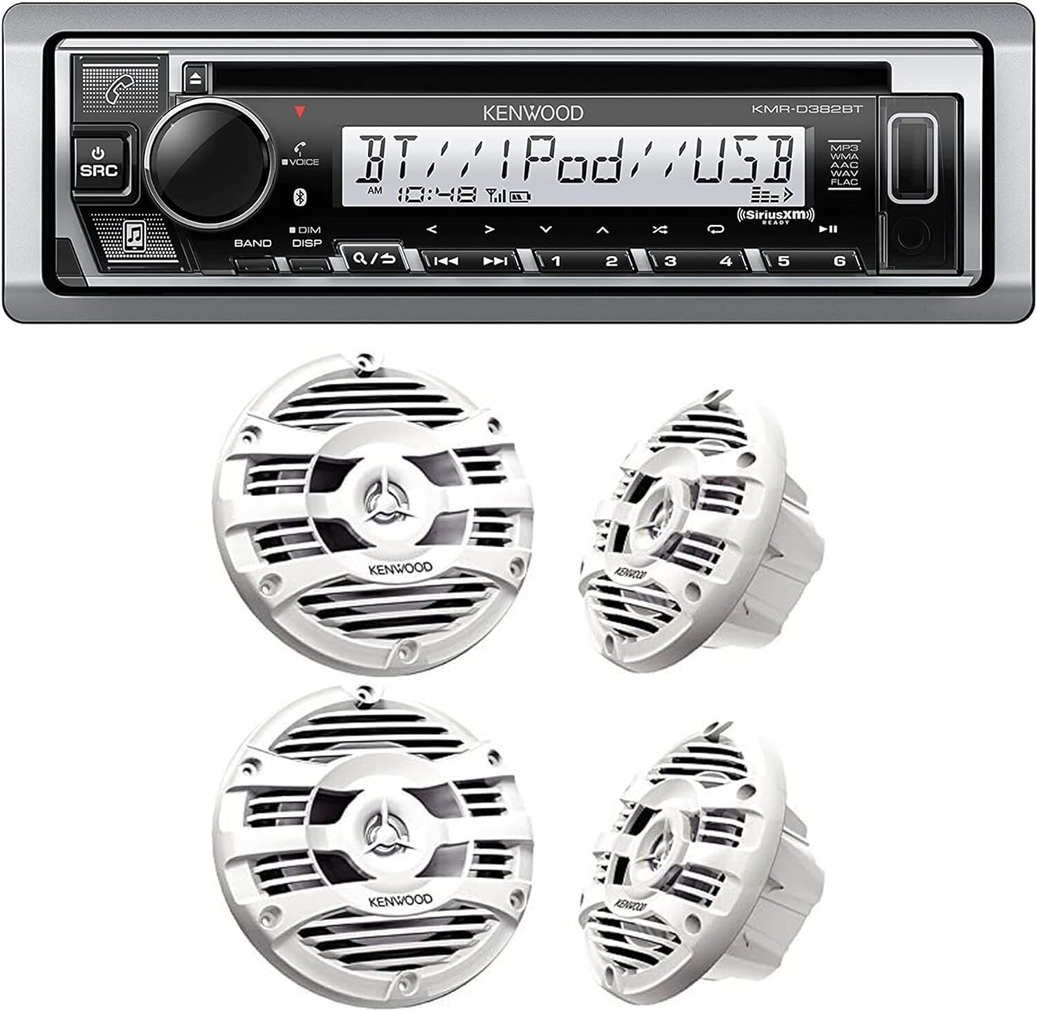 KENWOOD KMR-D382BT Marine Stereo Bluetooth, CD , & 4x KFC-1653MRW 6.5″ Speakers