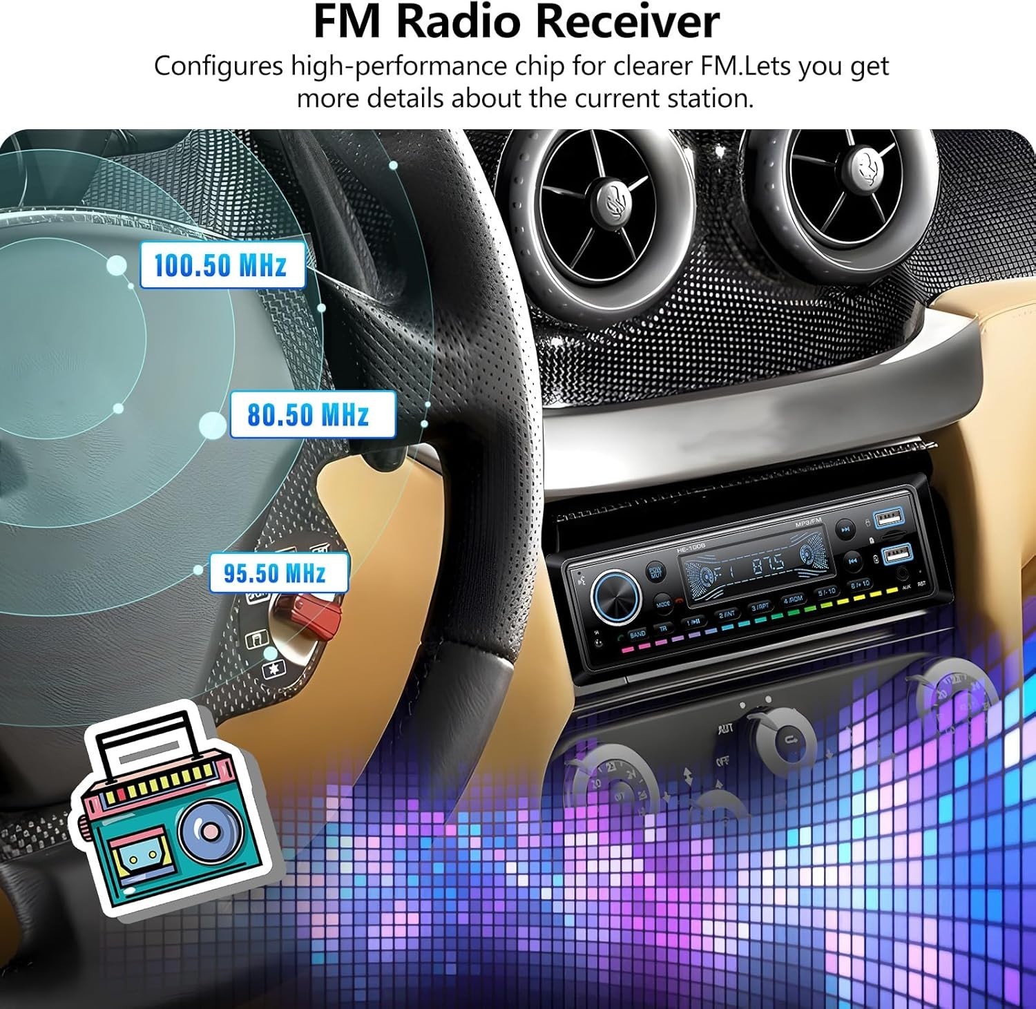 Compact Bluetooth Car Audio Receiver with USB/SD/AUX, Remote Control Included
