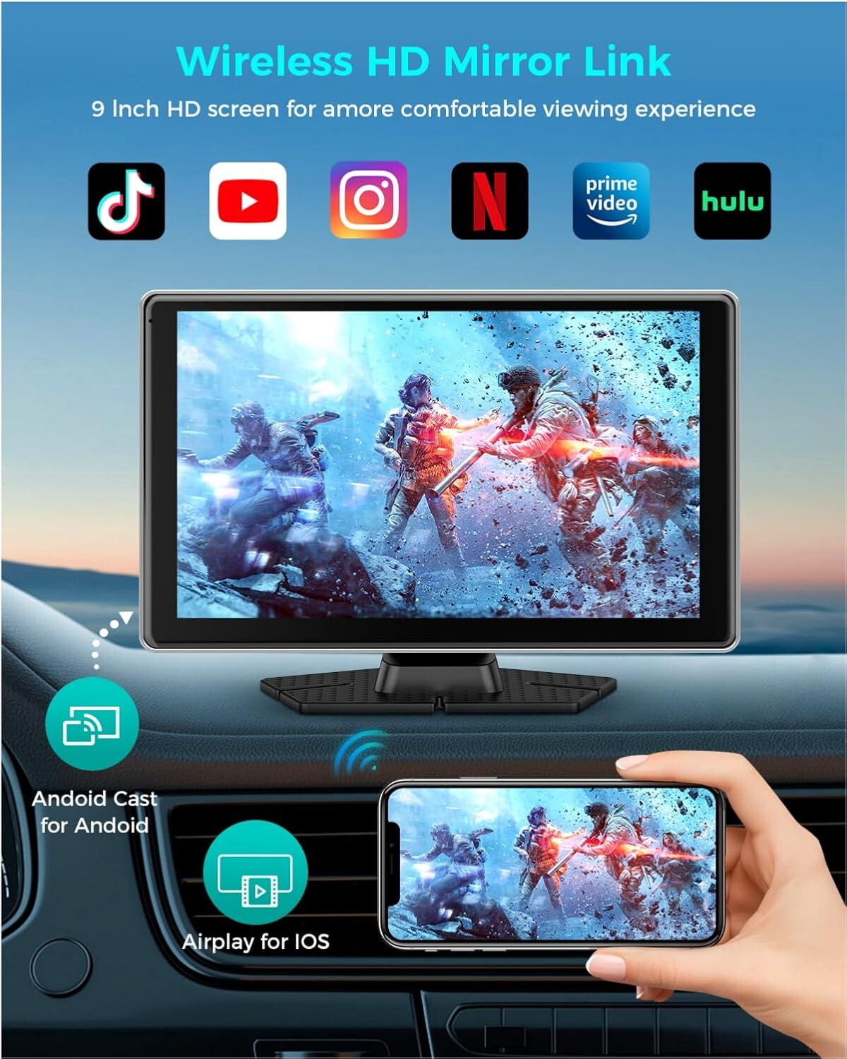 Wireless Carplay with 4K Dash Cam, 9″ Portable Carplay Screen for Car, Apple Car