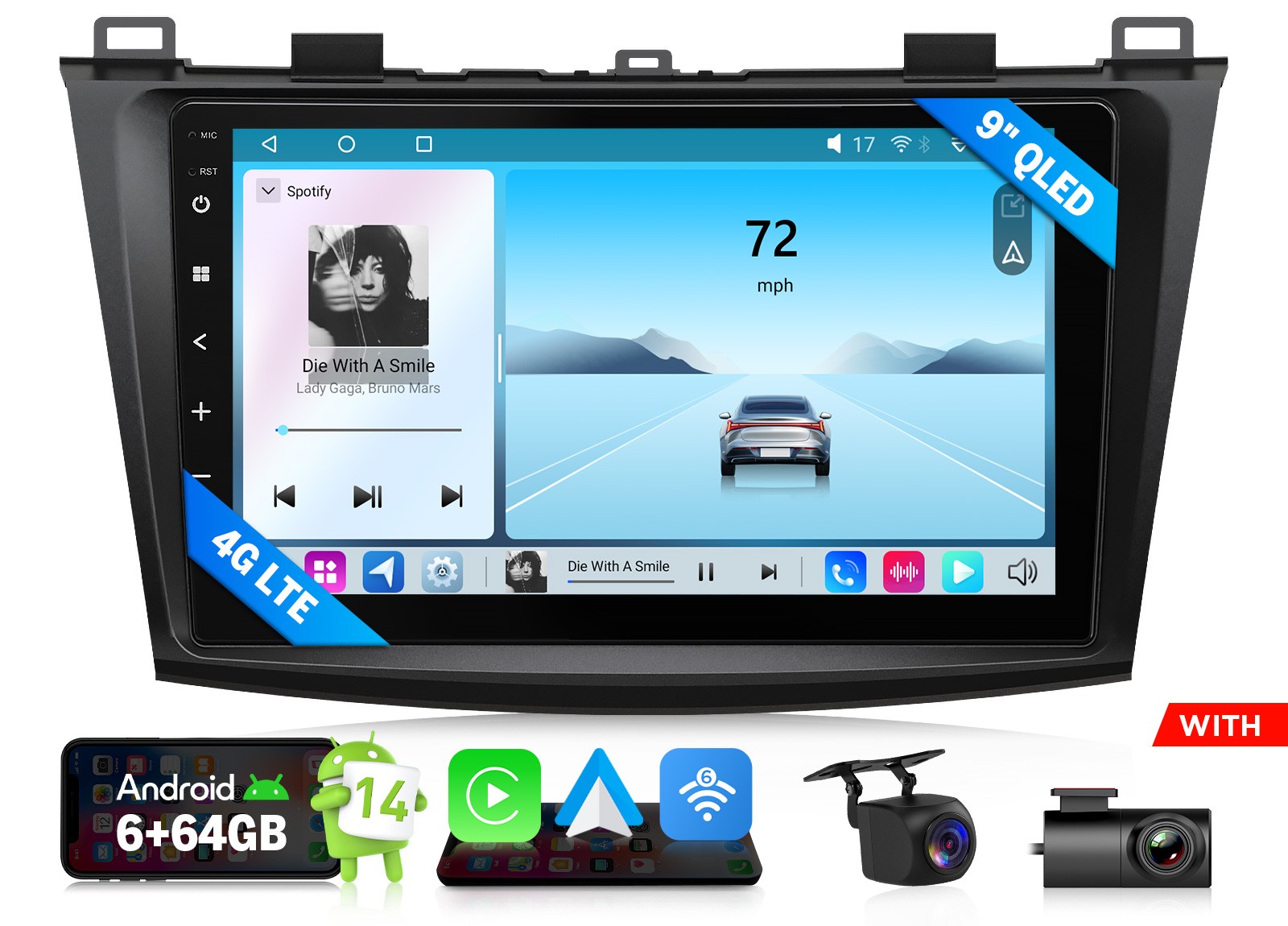 9 inch QLED 6+64GB Android 14 Car Stereo CarPlay for Mazda Mazdaspeed3 2010-2013