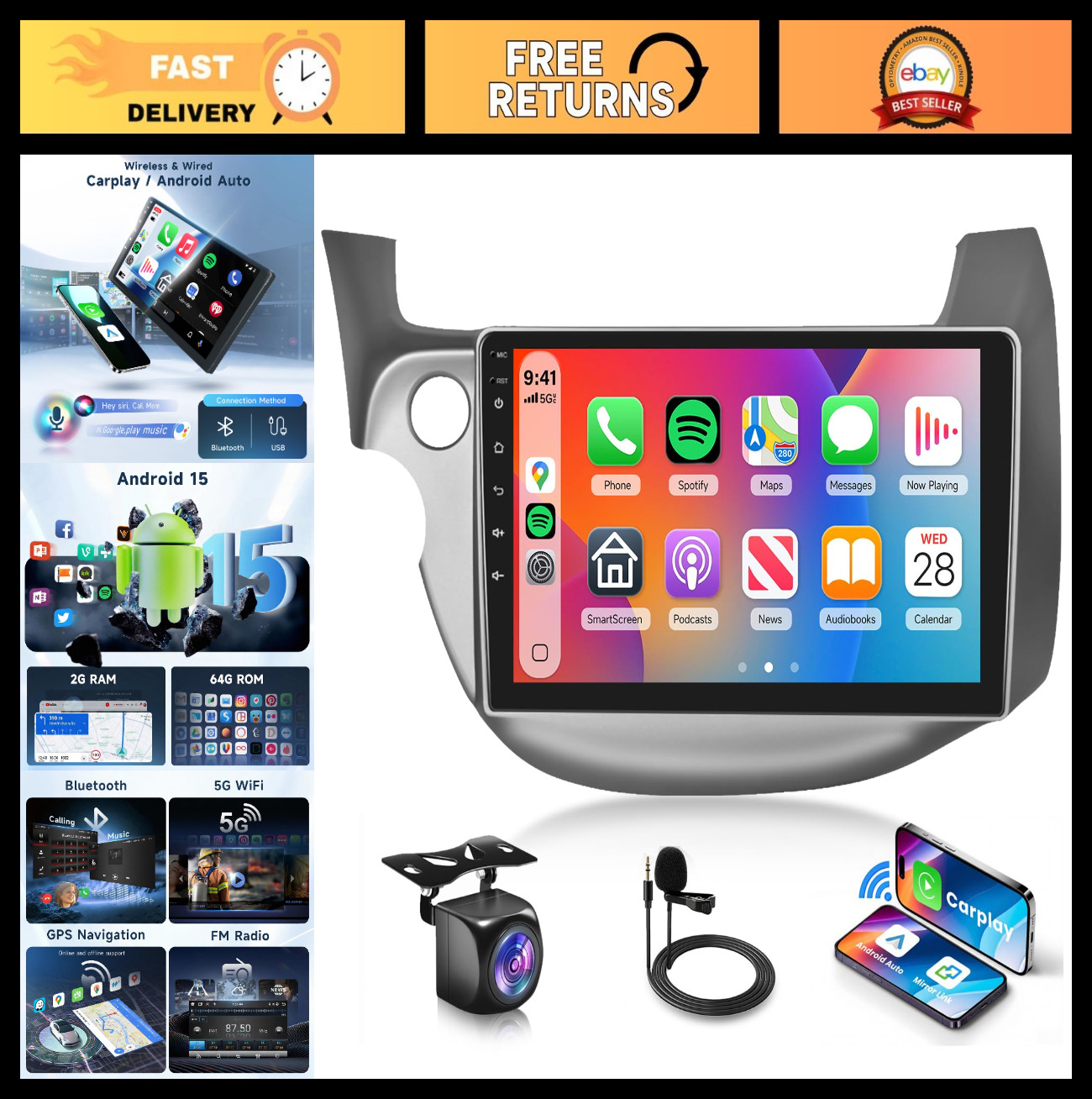 10.1″ Touch Screen Car Stereo for Honda Fit 2008-2013, 4 Core, 64GB, Wireless Ca