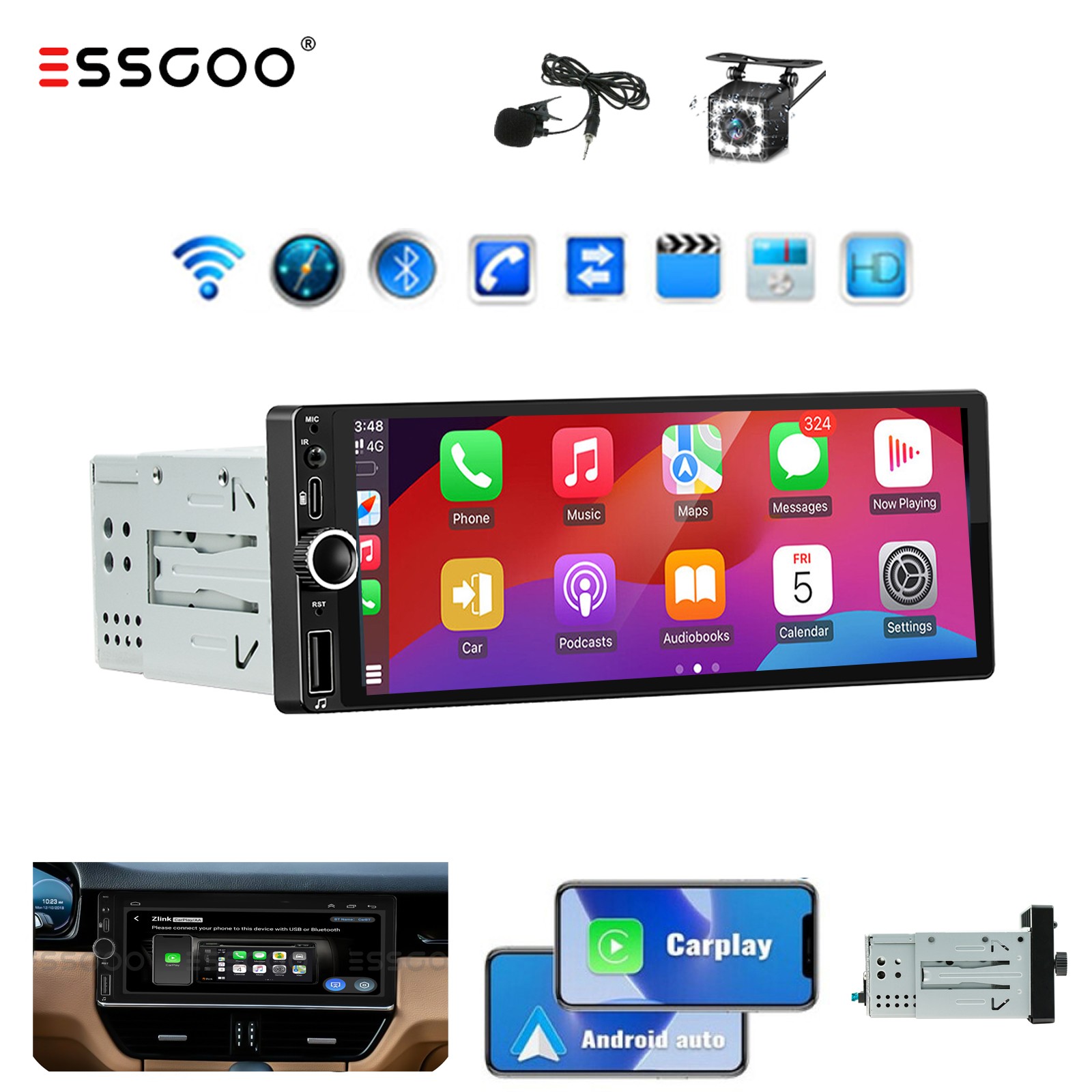 Single Din Car Stereo Radio 6.8″ Touch Screen Bluetooth CarPlay USB +MIC&Camera