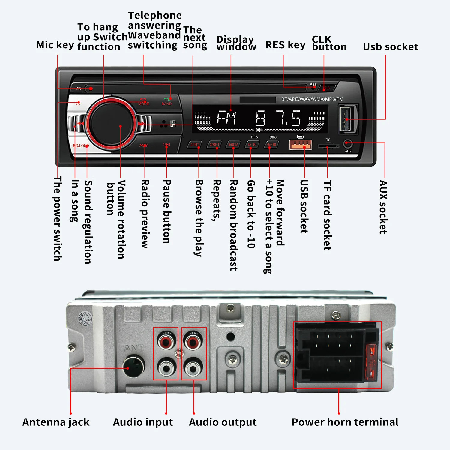 1 DIN 2.17 inch Car Stereo Radio Touch Screen Bluetooth FM MP3 Player TF USB AUX