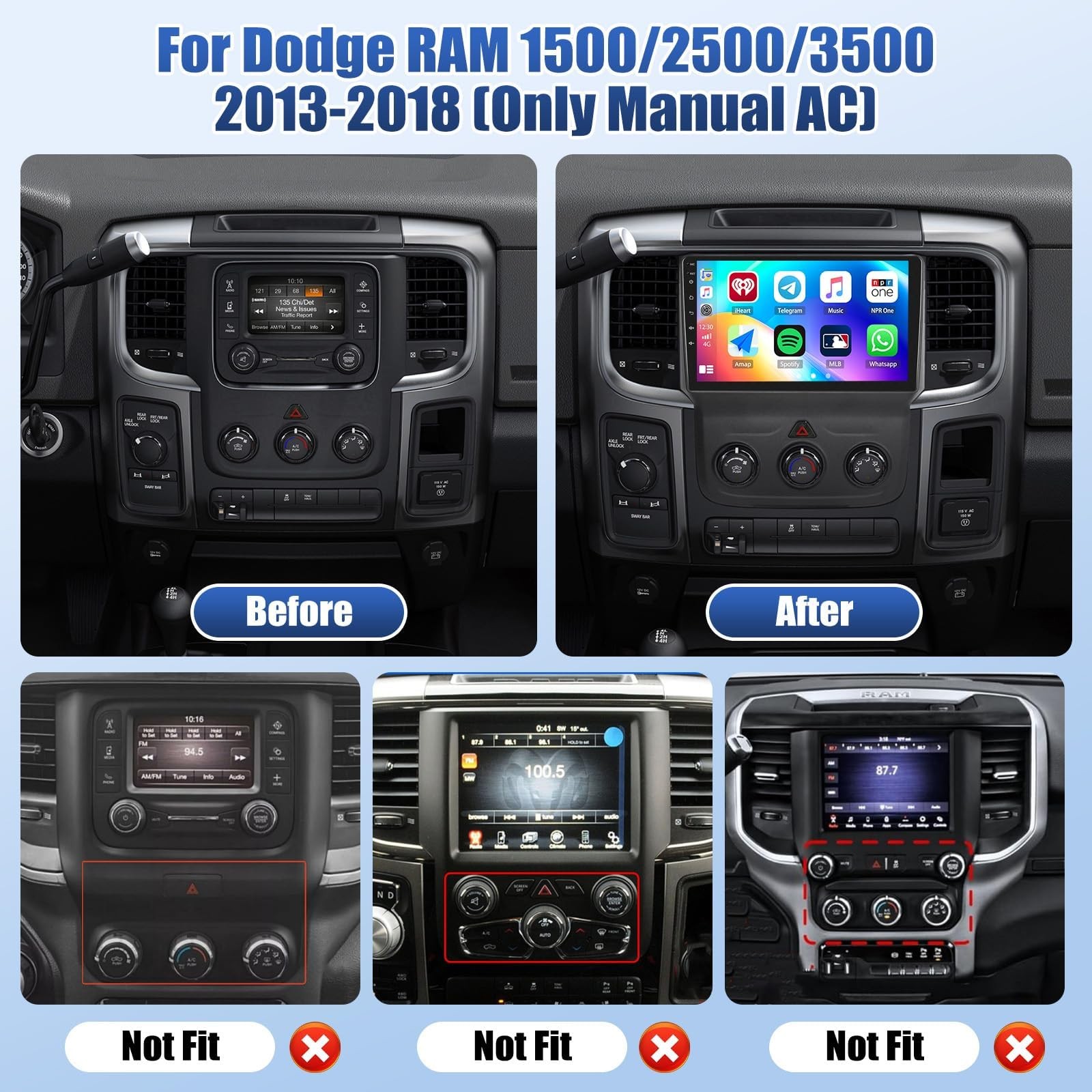 9″ Wireless Carplay & Android Auto Stereo for 2013-2018 Dodge RAM 1500 2500 3500