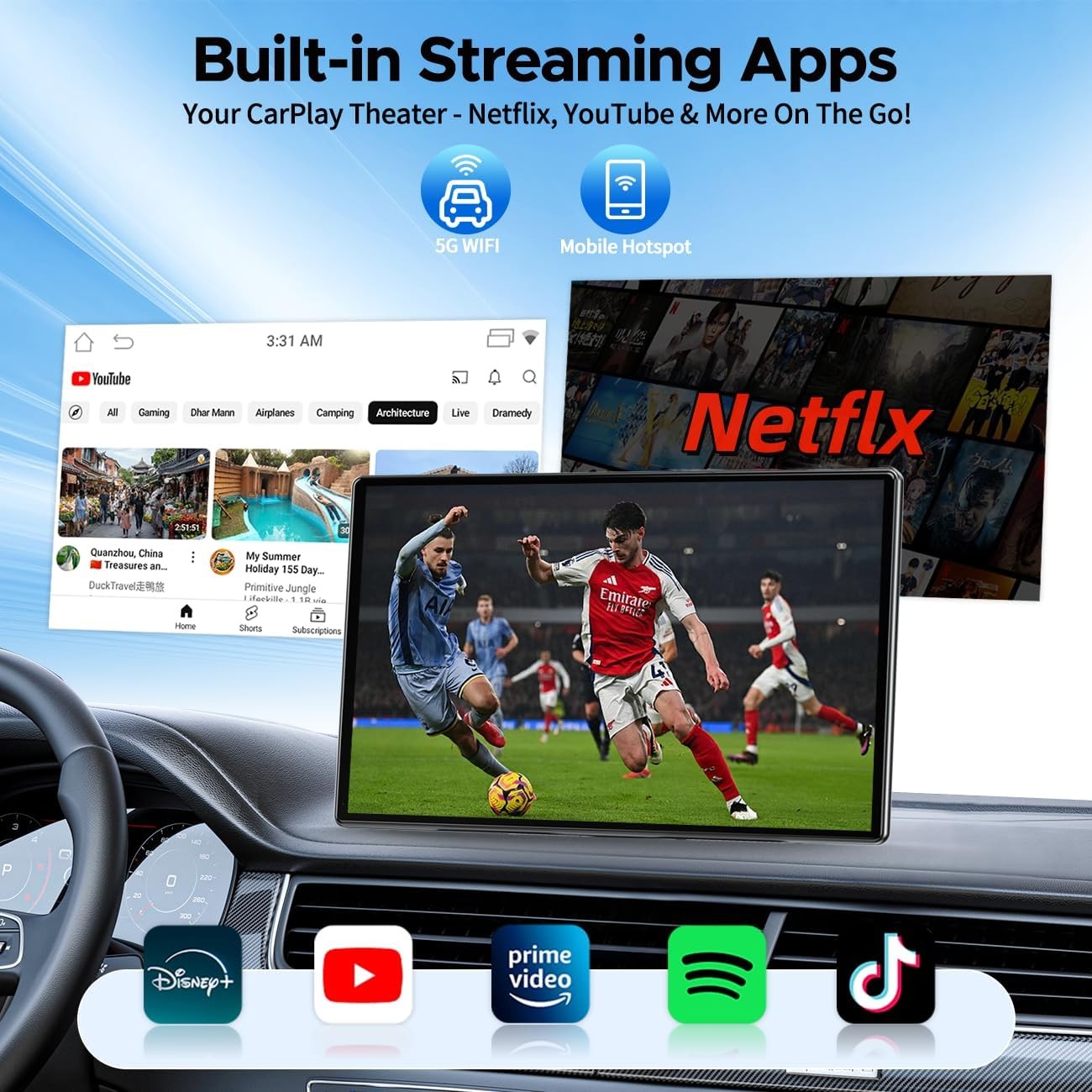3-in-1 9’Carplay Screen Wireless AI Video BOX with Net-Flix YouTube +Rear Camera