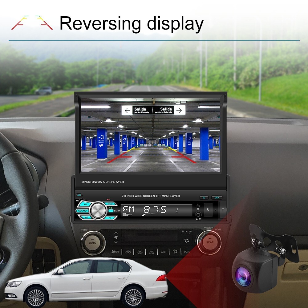 7″ Retractable Car MP5 Player with CarPlay, Android Auto 720P AHD Backup Camera