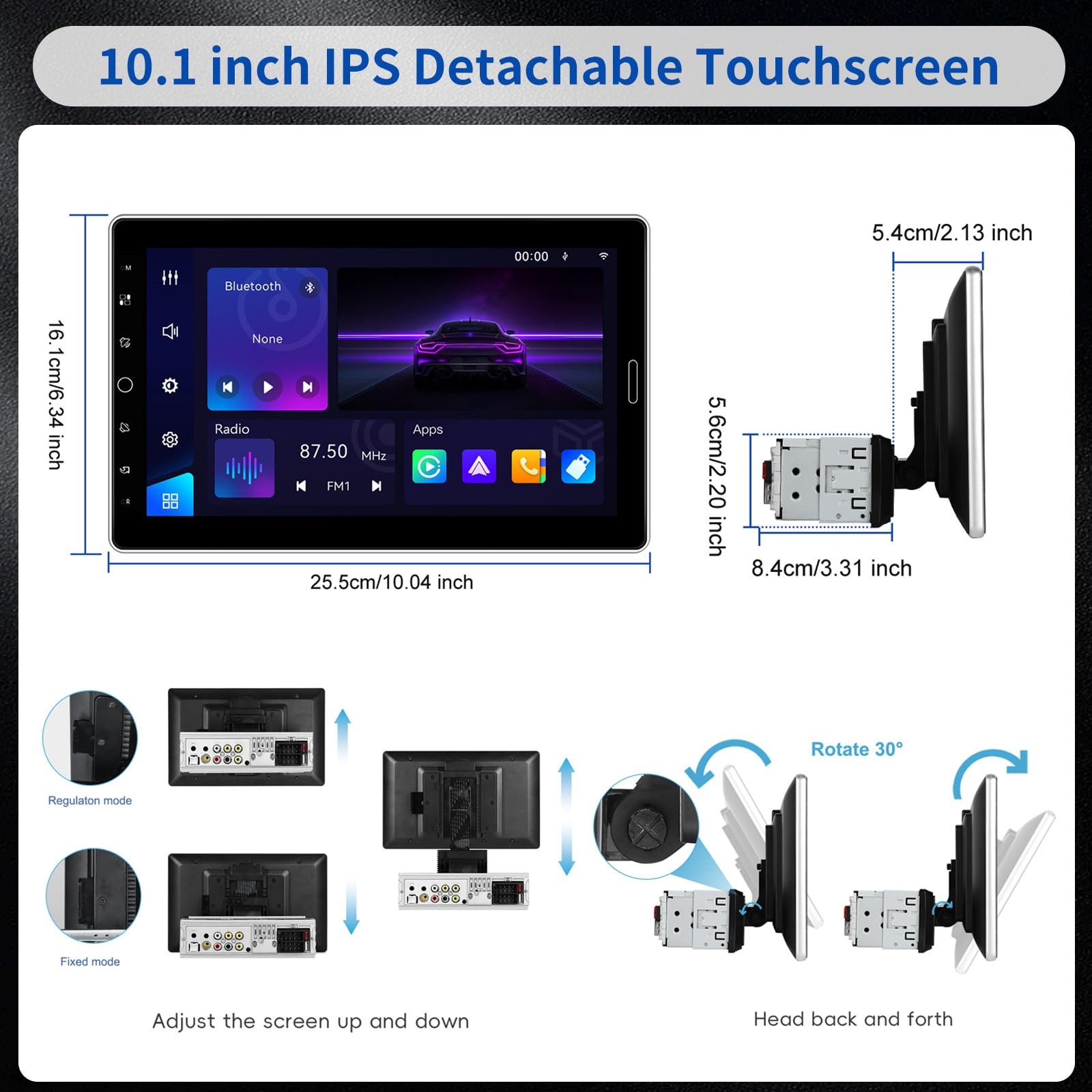 10.1 Inch Single Din Car Radio Stereo with Wireless CarPlay&Android Auto, Det…