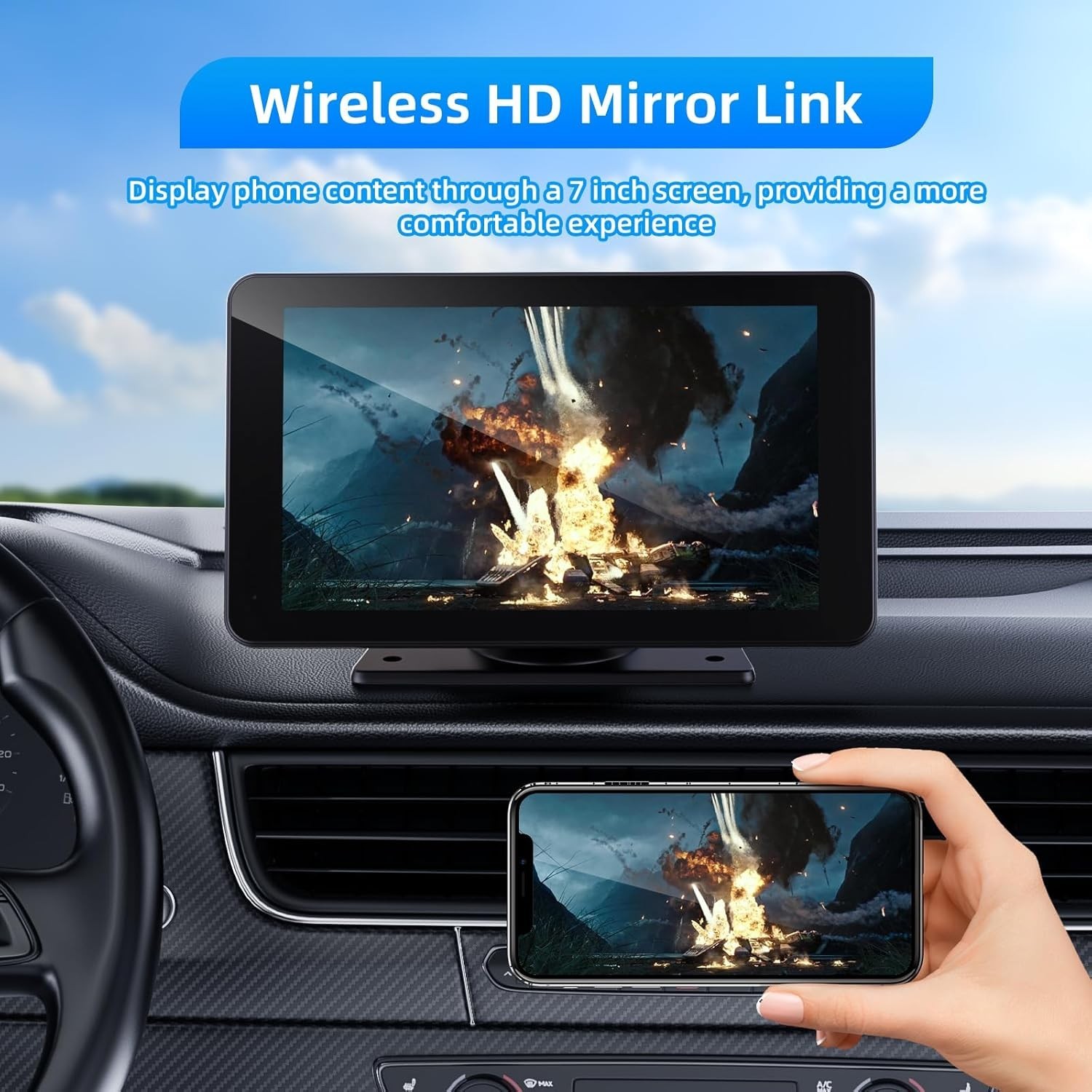 7-Inch HD Wireless Carplay & Android Auto Screen with Backup Camera & Bluetooth