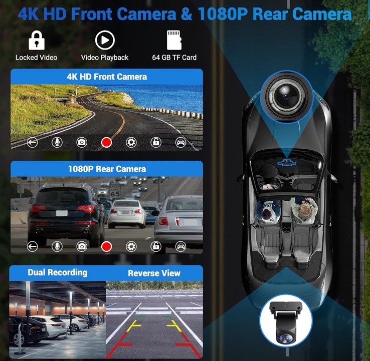 10.26″ Android Auto Screen Wireless CarPlay Car Stereo For Apple 4K Dash Cam BT