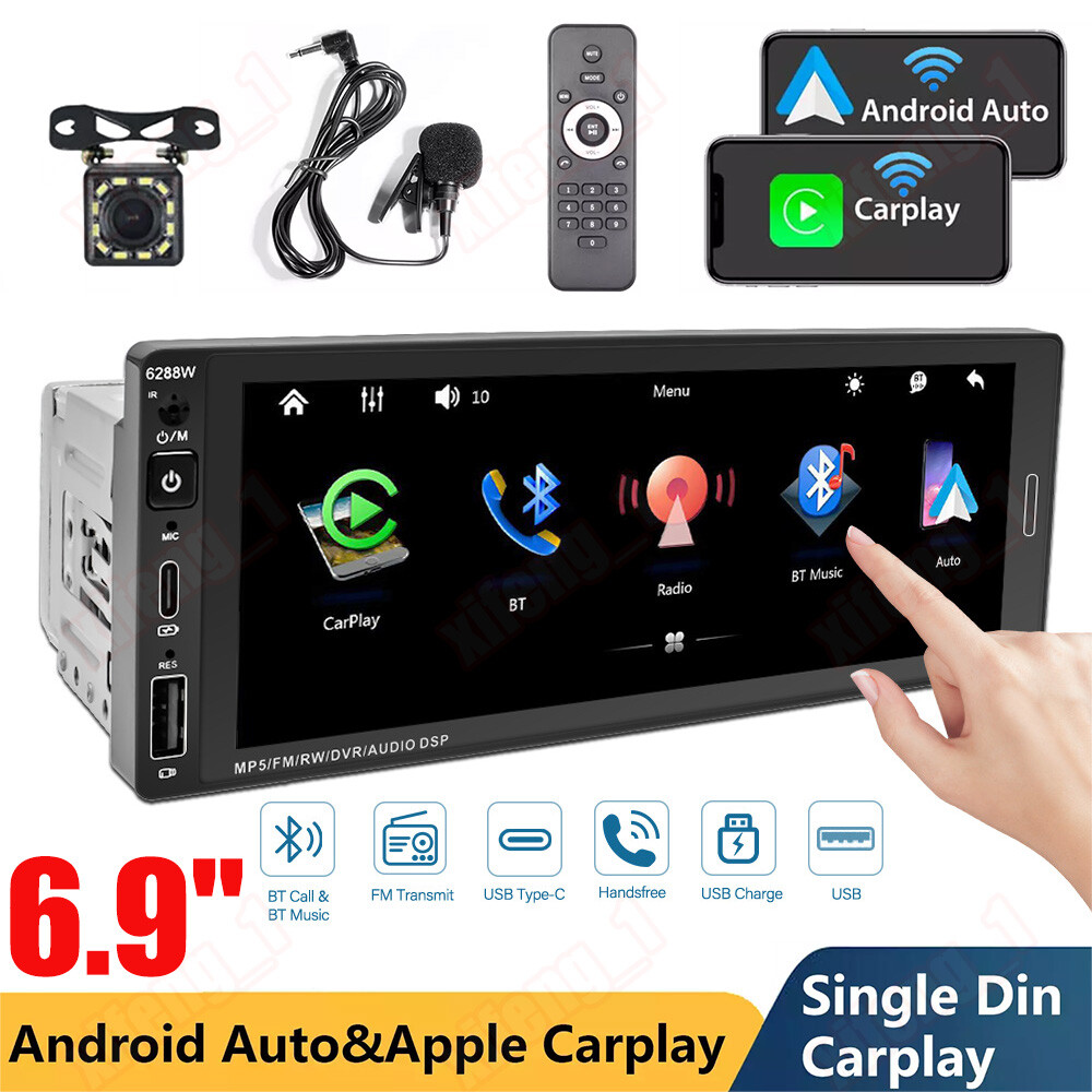 Single Din Car Stereo Wireless Apple CarPlay 6.9 Touchscreen Bluetooth Radio USB