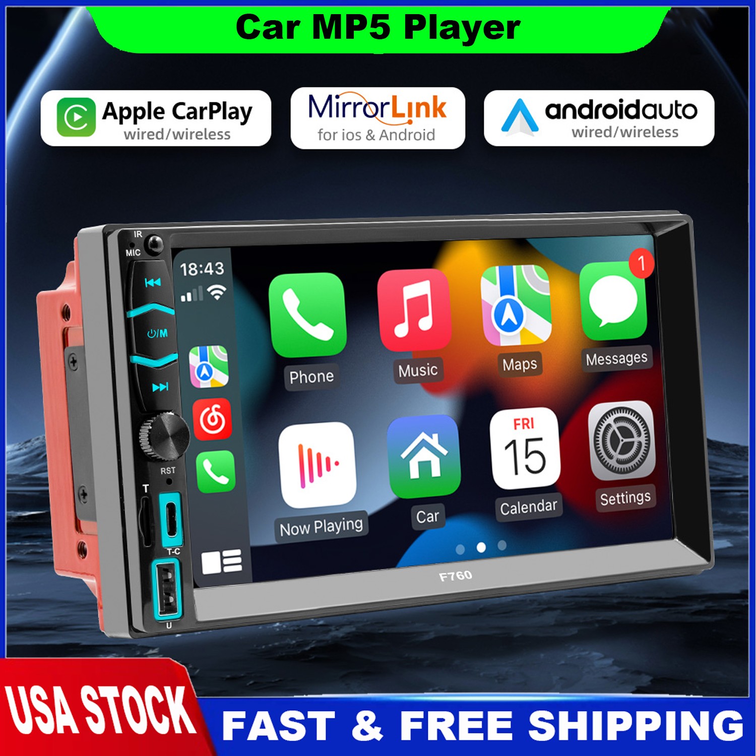 7″ Wireless Car Radio Double 2DIN Apple CarPlay Stereo Touch Screen Bluetooth FM