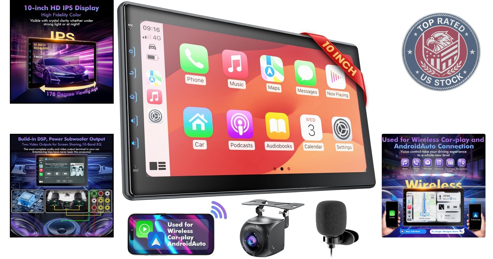 10 Inch IPS Touch Screen Car Stereo – Wireless CarPlay & Android Auto Ready